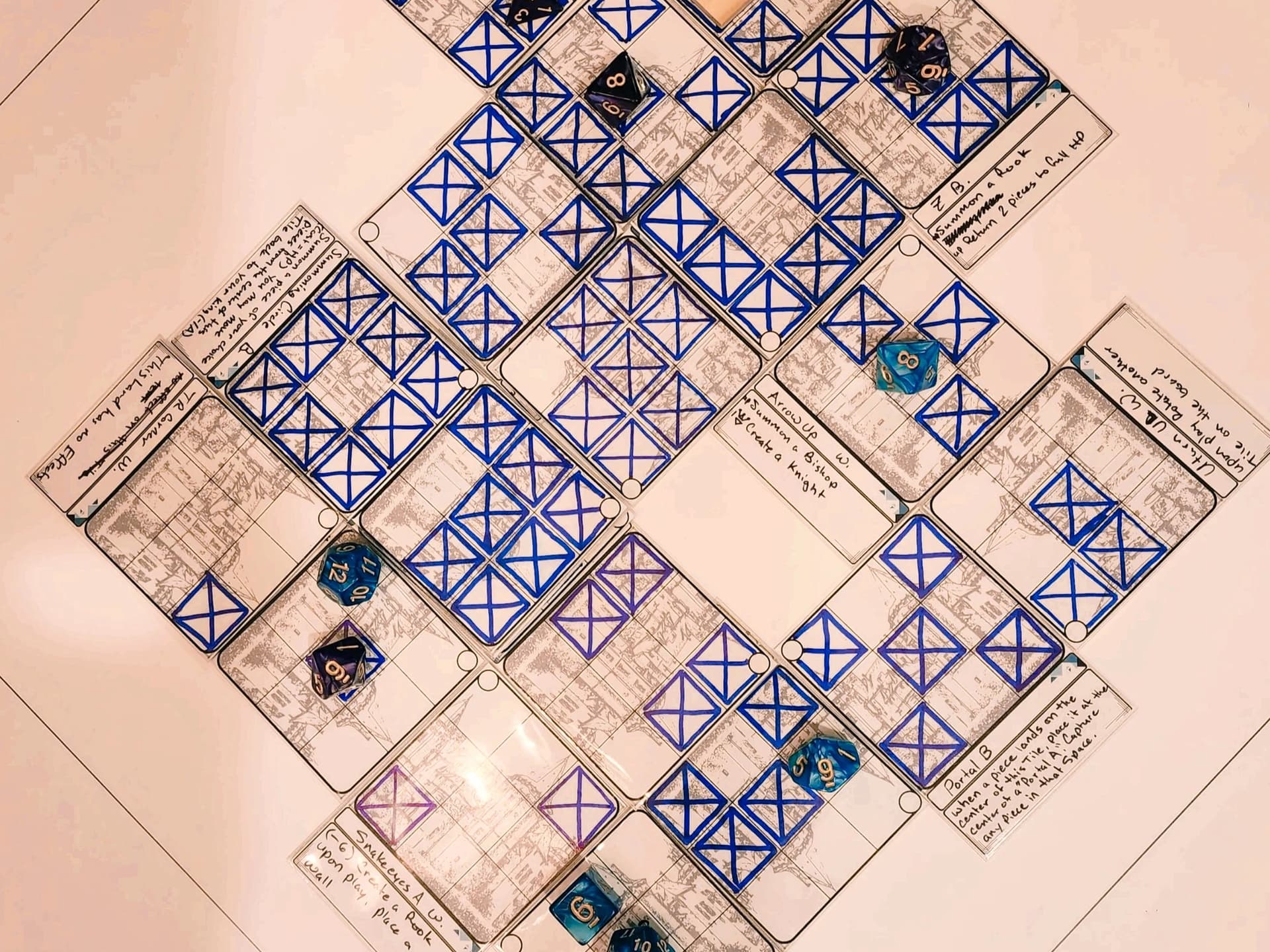A Basilika match in progress — tile cards forming the board with dice pieces in play